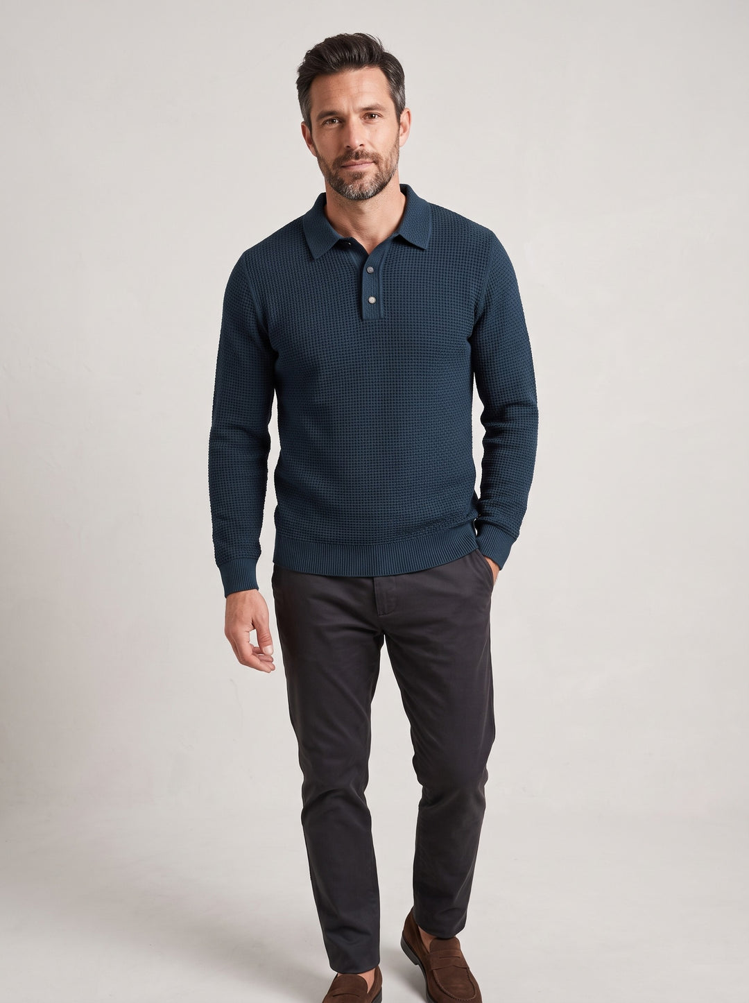 Men's Waffle Knit Polo Jumper in dark blue