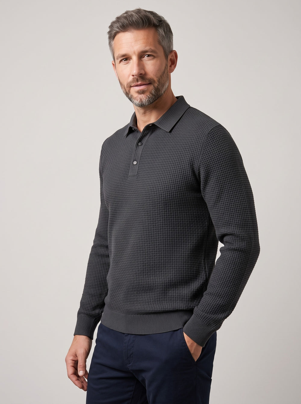 Men's Waffle Knit Polo Jumper in grey