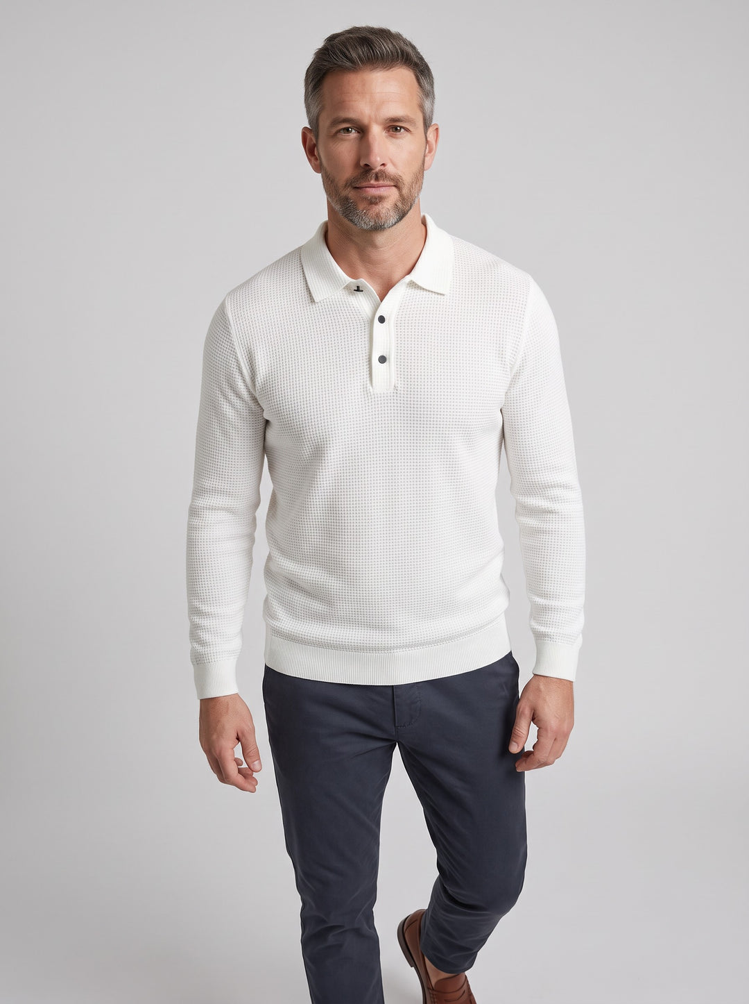 Men's Waffle Knit Polo Jumper in white