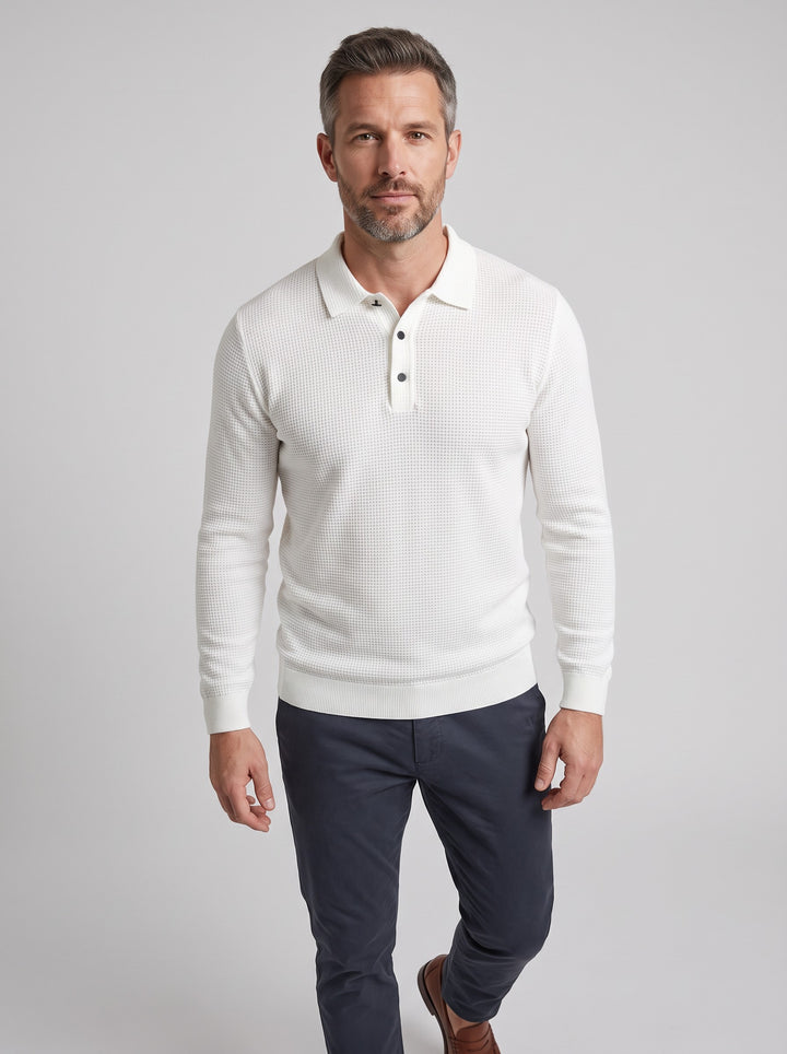 Men's Waffle Knit Polo Jumper in white