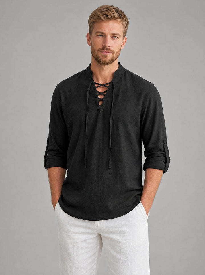 Men's Lace-Up Henley Shirt in black