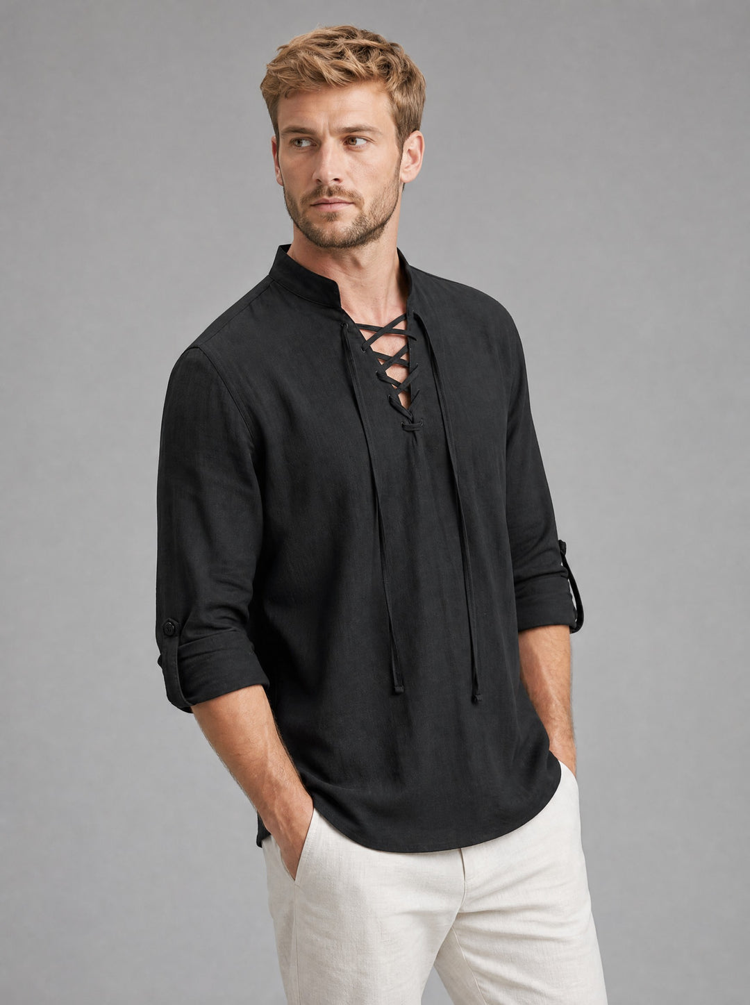 Men's Lace-Up Henley Shirt in black