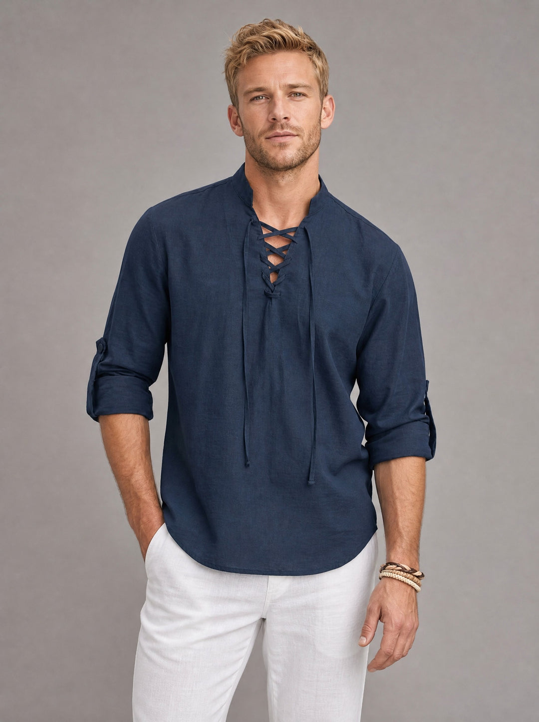 Men's Lace-Up Henley Shirt in navy