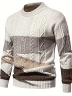 Men's long-sleeved colour block knitted jumper with crew neck and ribbed trims