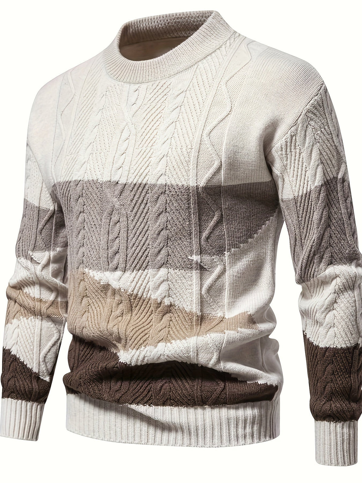 Men's long-sleeved colour block knitted jumper with crew neck and ribbed trims