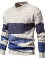 Men's long-sleeved colour block knitted jumper with crew neck and ribbed trims