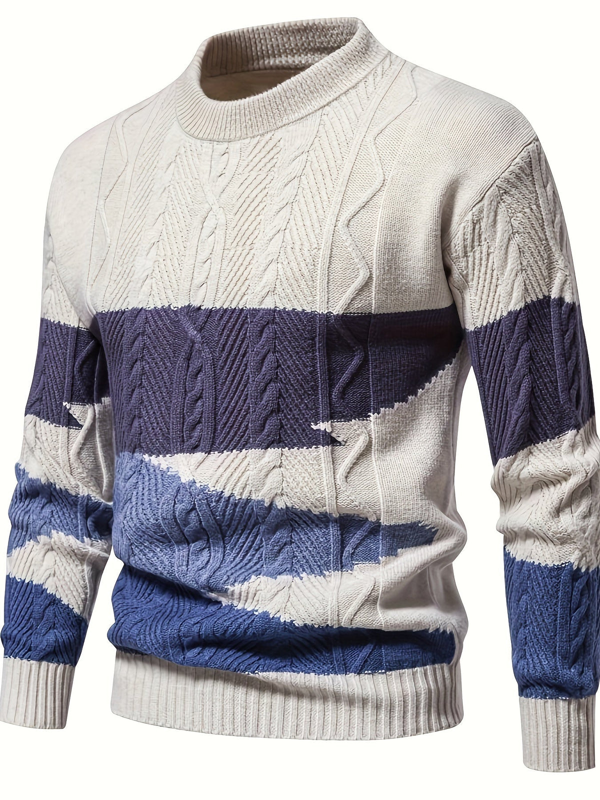 Men's long-sleeved colour block knitted jumper with crew neck and ribbed trims