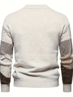 Men's long-sleeved colour block knitted jumper with crew neck and ribbed trims