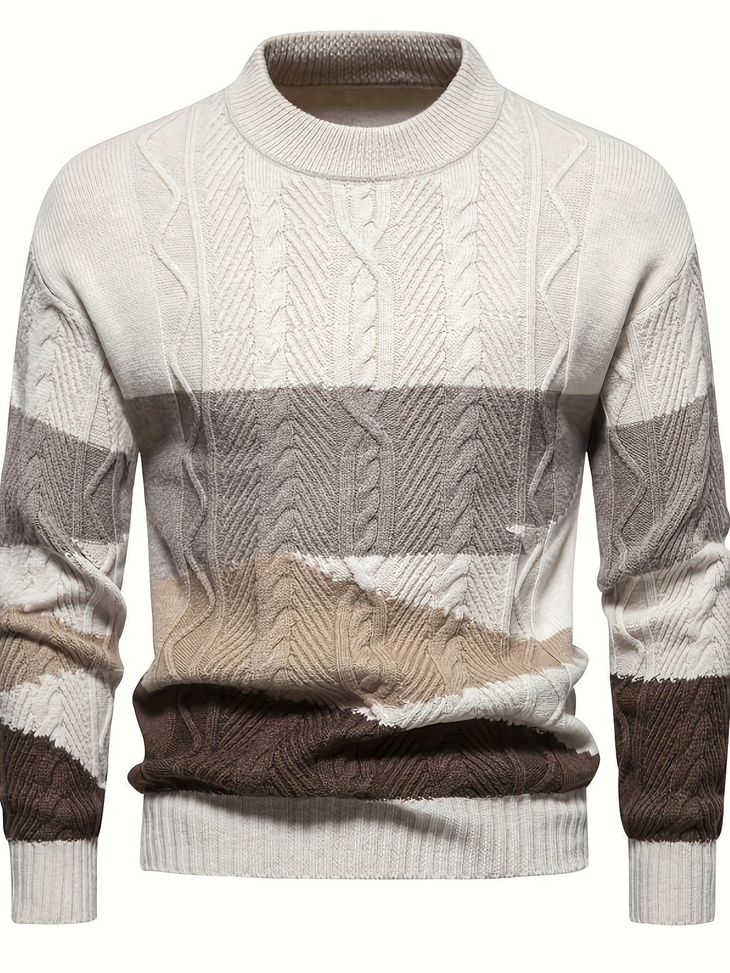 Men's long-sleeved colour block knitted jumper with crew neck and ribbed trims