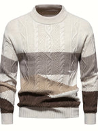 Men's long-sleeved colour block knitted jumper with crew neck and ribbed trims