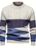 Men's long-sleeved colour block knitted jumper with crew neck and ribbed trims