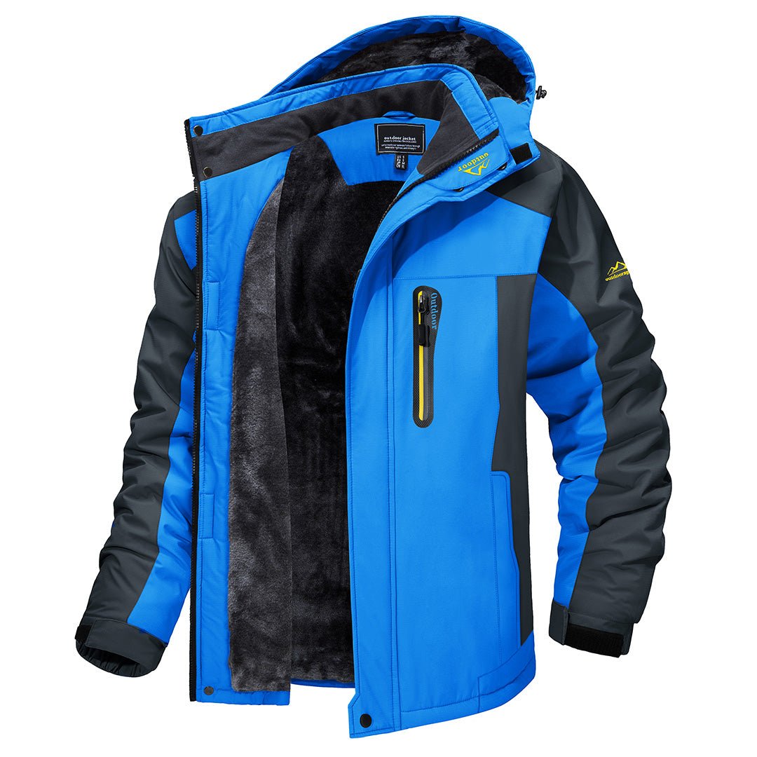 Men's hooded colour-block windbreaker jacket with zip front and fleece-look lining