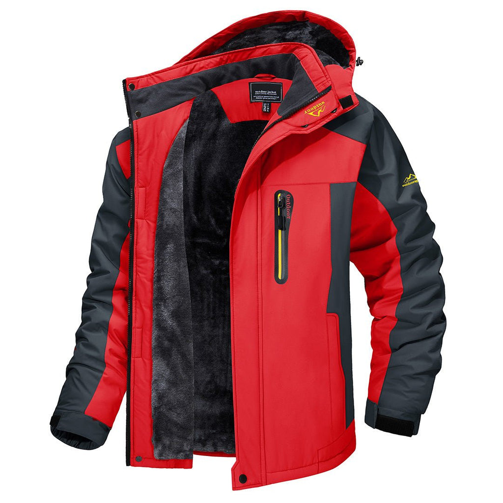Men's hooded colour-block windbreaker jacket with zip front and fleece-look lining