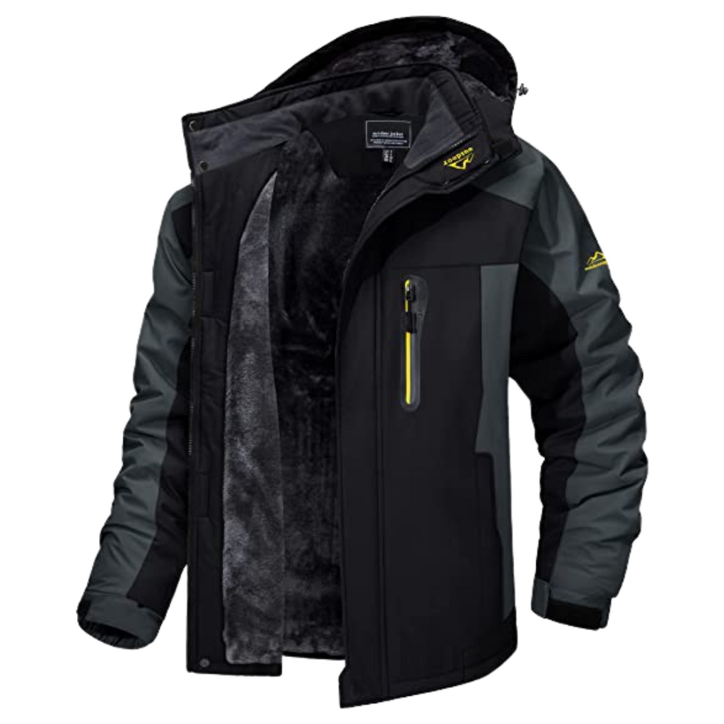 Men's hooded colour-block windbreaker jacket with zip front and fleece-look lining