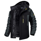 Men's hooded colour-block windbreaker jacket with zip front and fleece-look lining