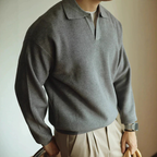 Men's long-sleeve textured polo sweater with collared V-neck