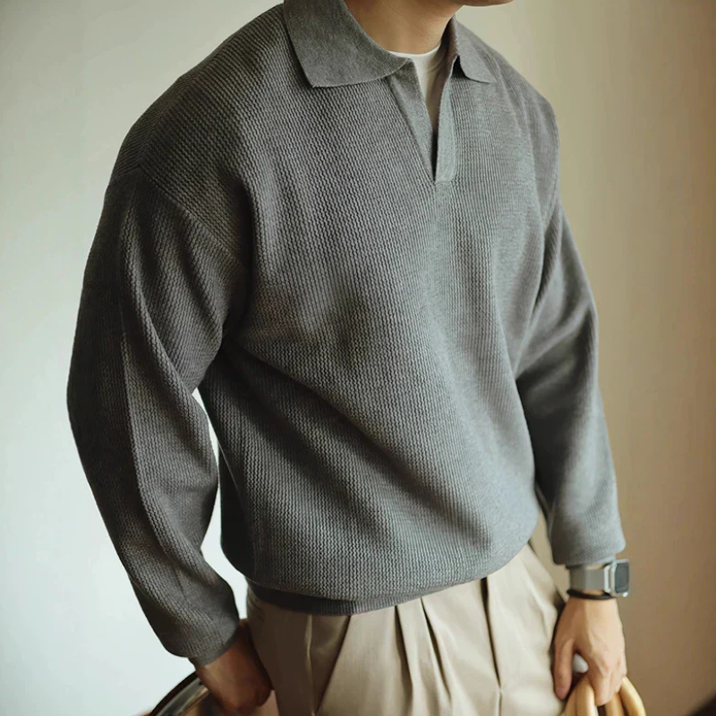 Men's long-sleeve textured polo sweater with collared V-neck