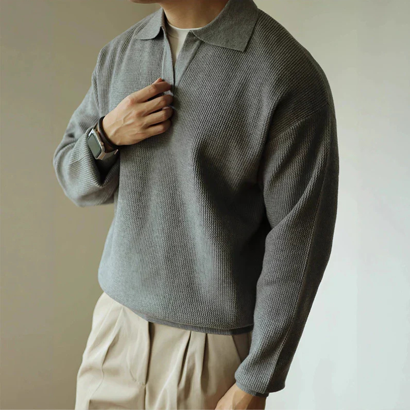 Men's long-sleeve textured polo sweater with collared V-neck