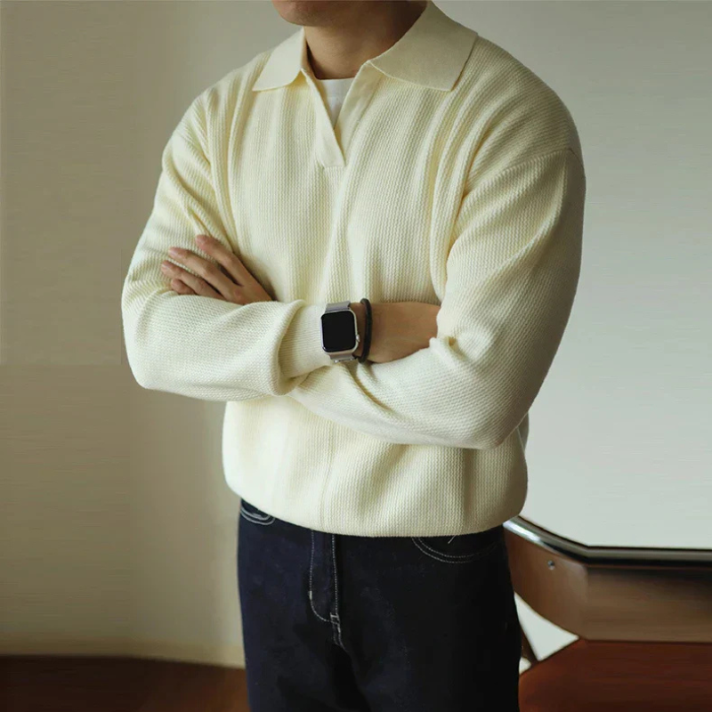 Men's long-sleeve textured polo sweater with collared V-neck
