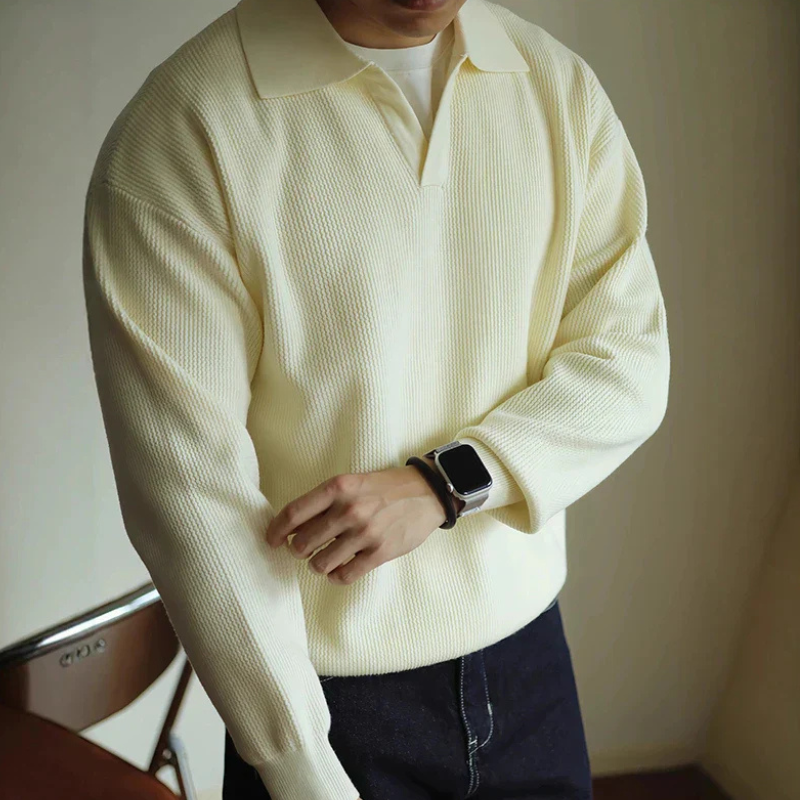 Men's long-sleeve textured polo sweater with collared V-neck