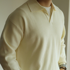 Men's long-sleeve textured polo sweater with collared V-neck