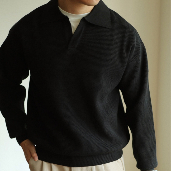 Men's long-sleeve textured polo sweater with collared V-neck