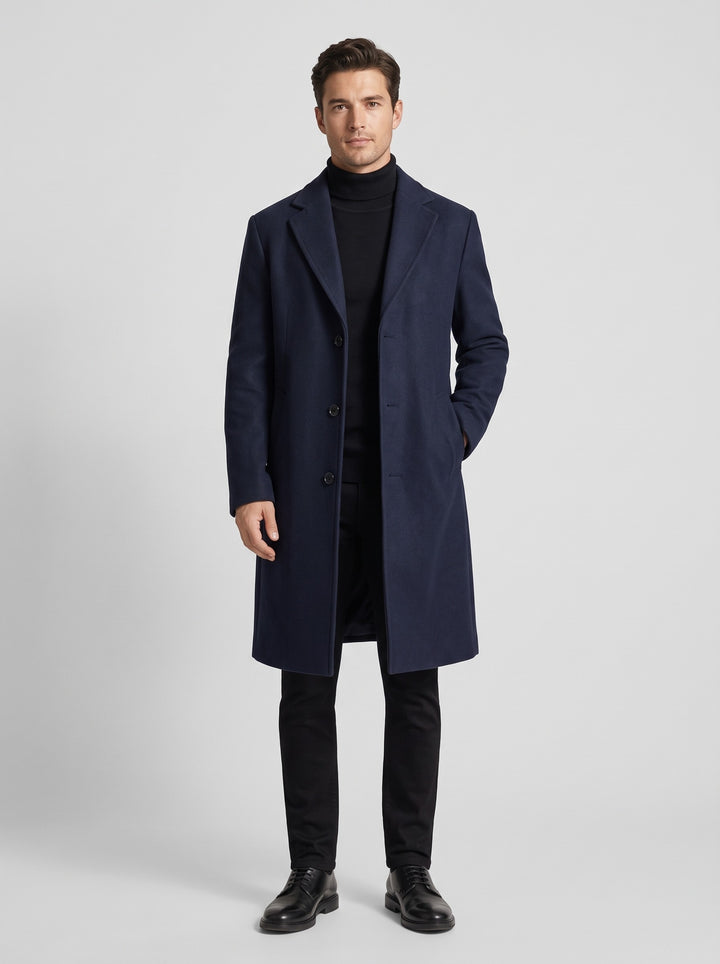 Men's Long Tailored Winter Overcoat in navy