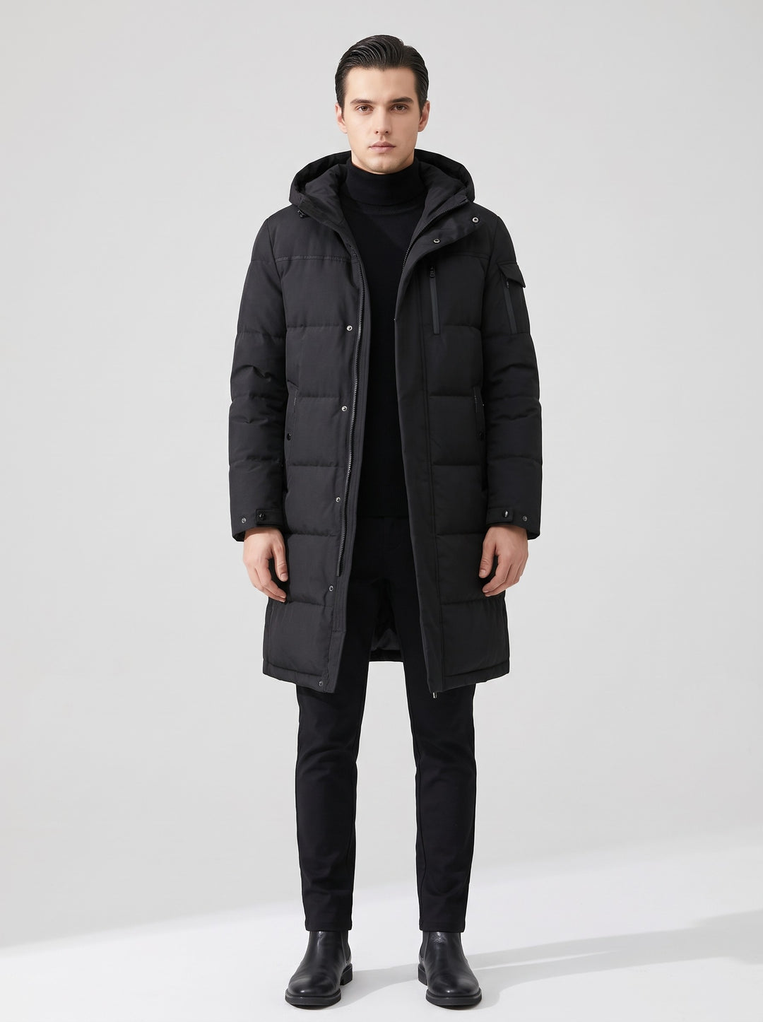 Men's Longline Hooded Puffer Coat in black