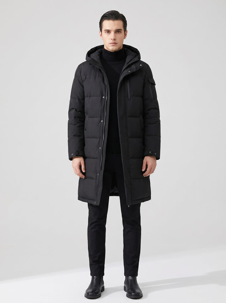 Men's Longline Hooded Puffer Coat in black