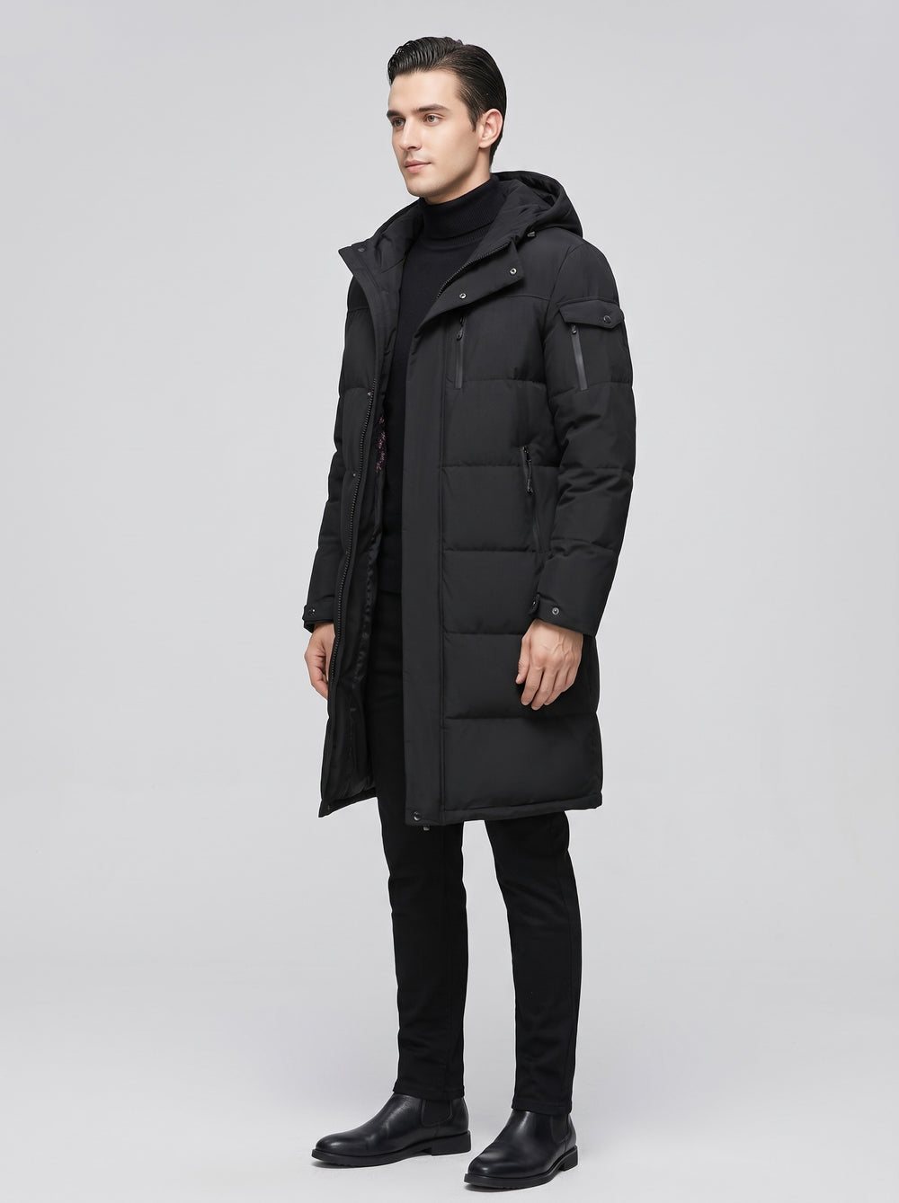 Men's Longline Hooded Puffer Coat in black