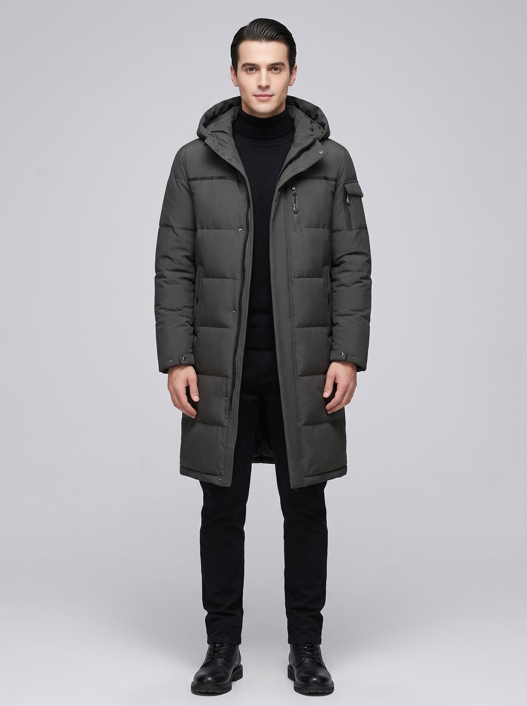 Men's Longline Hooded Puffer Coat in dark grey