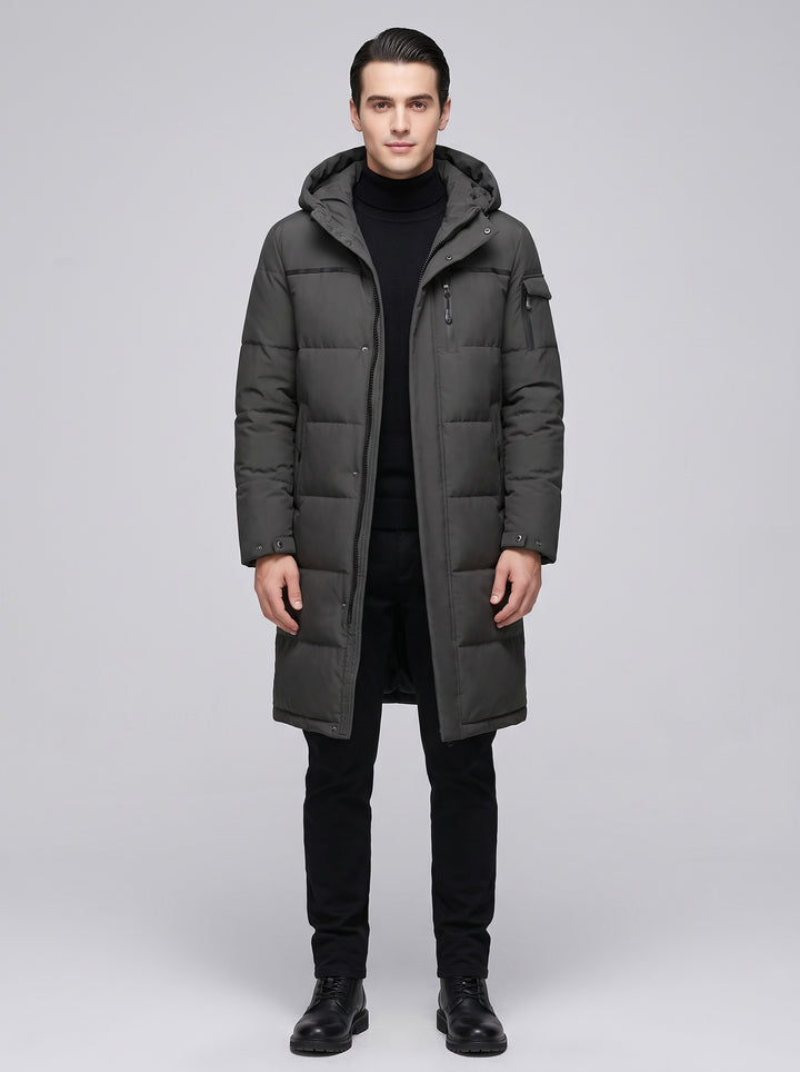 Men's Longline Hooded Puffer Coat in dark grey