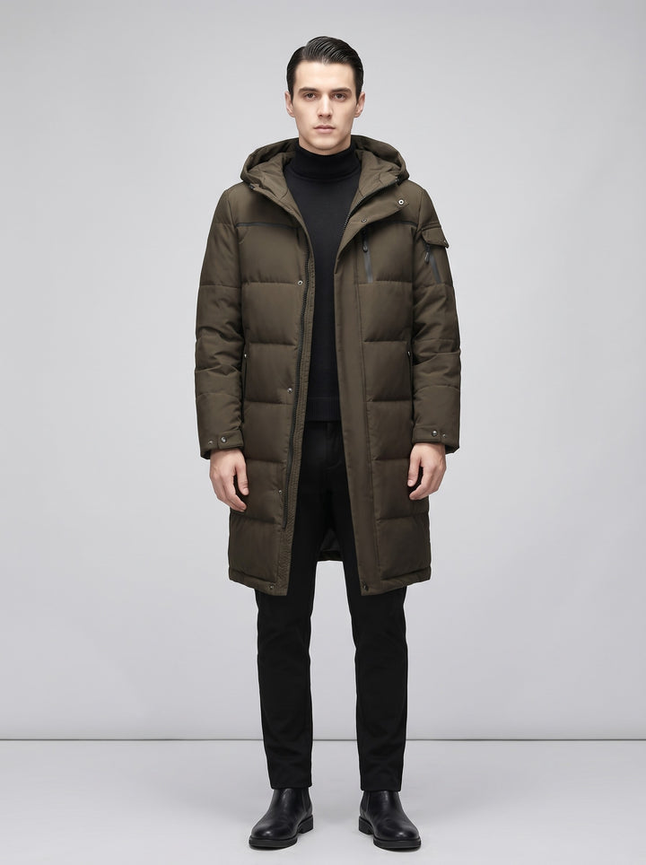 Men's Longline Hooded Puffer Coat in olive green
