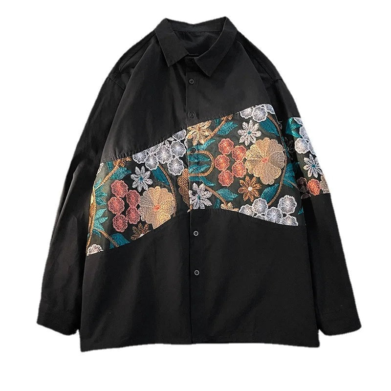 Men's Oversized Overshirt with Embroidered Floral Panel