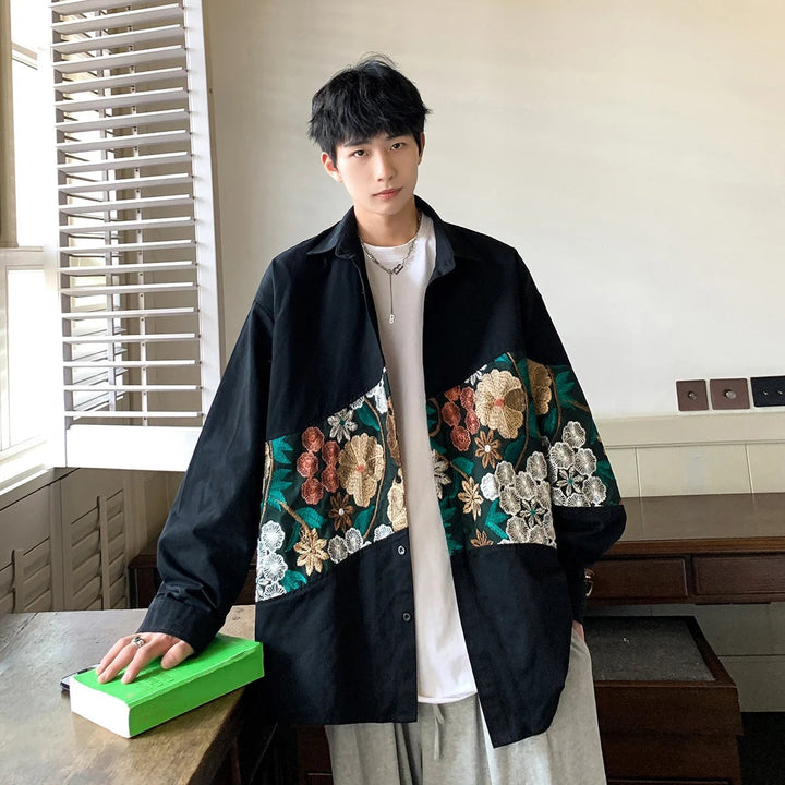Men's Oversized Overshirt with Embroidered Floral Panel
