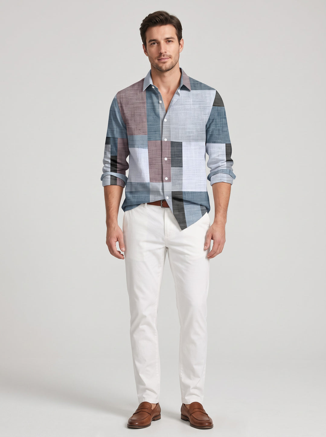 Men's Colour Block Patchwork Print Shirt in blue