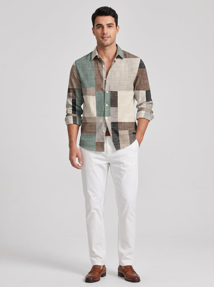 Men's Colour Block Patchwork Print Shirt in green