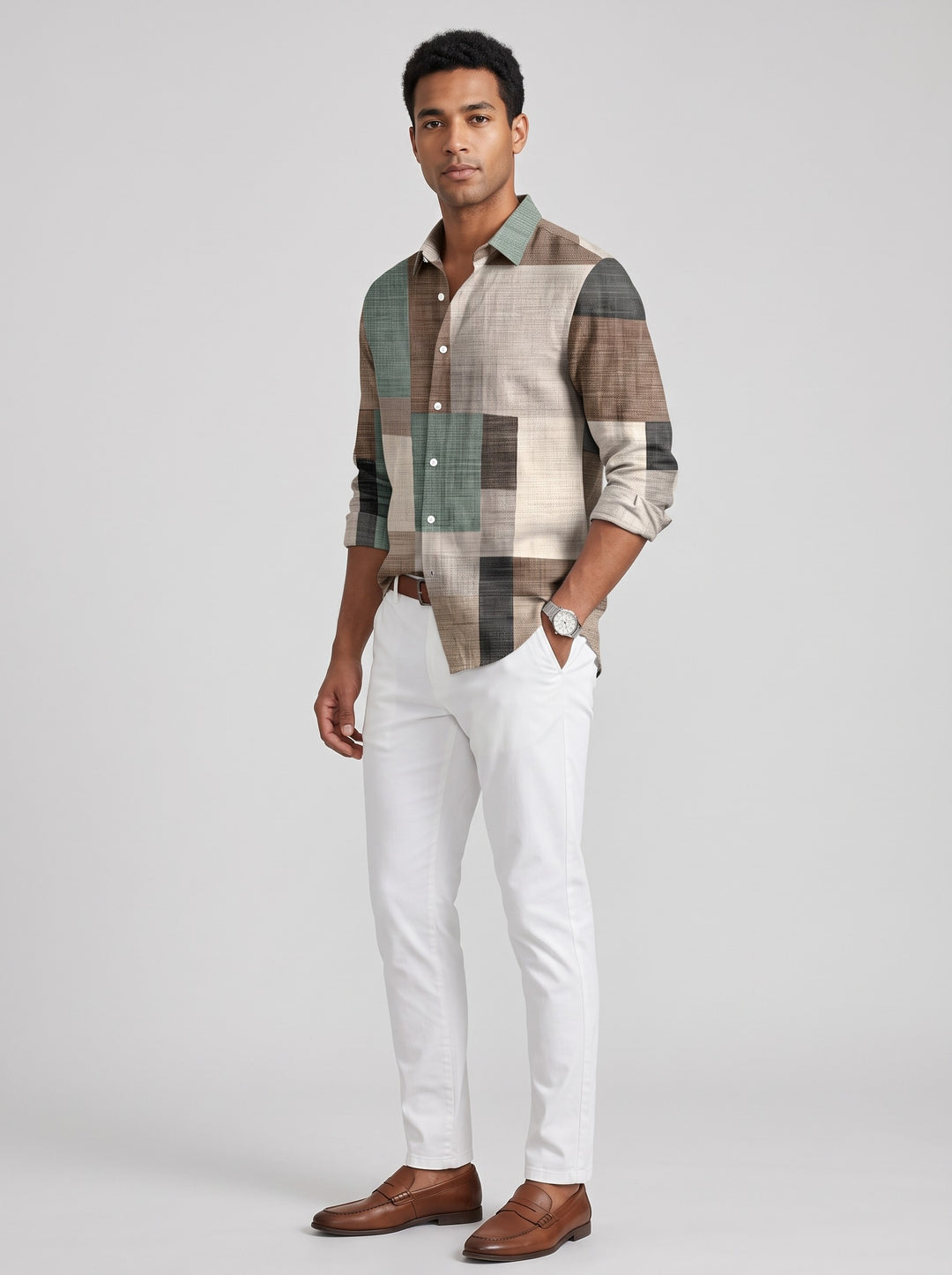Men's Colour Block Patchwork Print Shirt in green