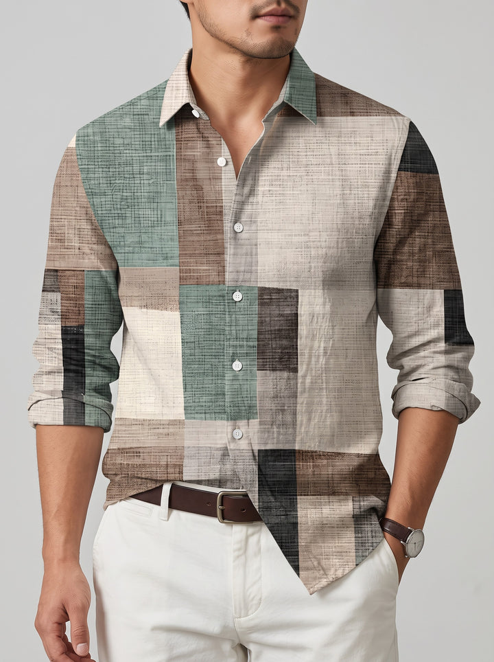 Men's Colour Block Patchwork Print Shirt in green