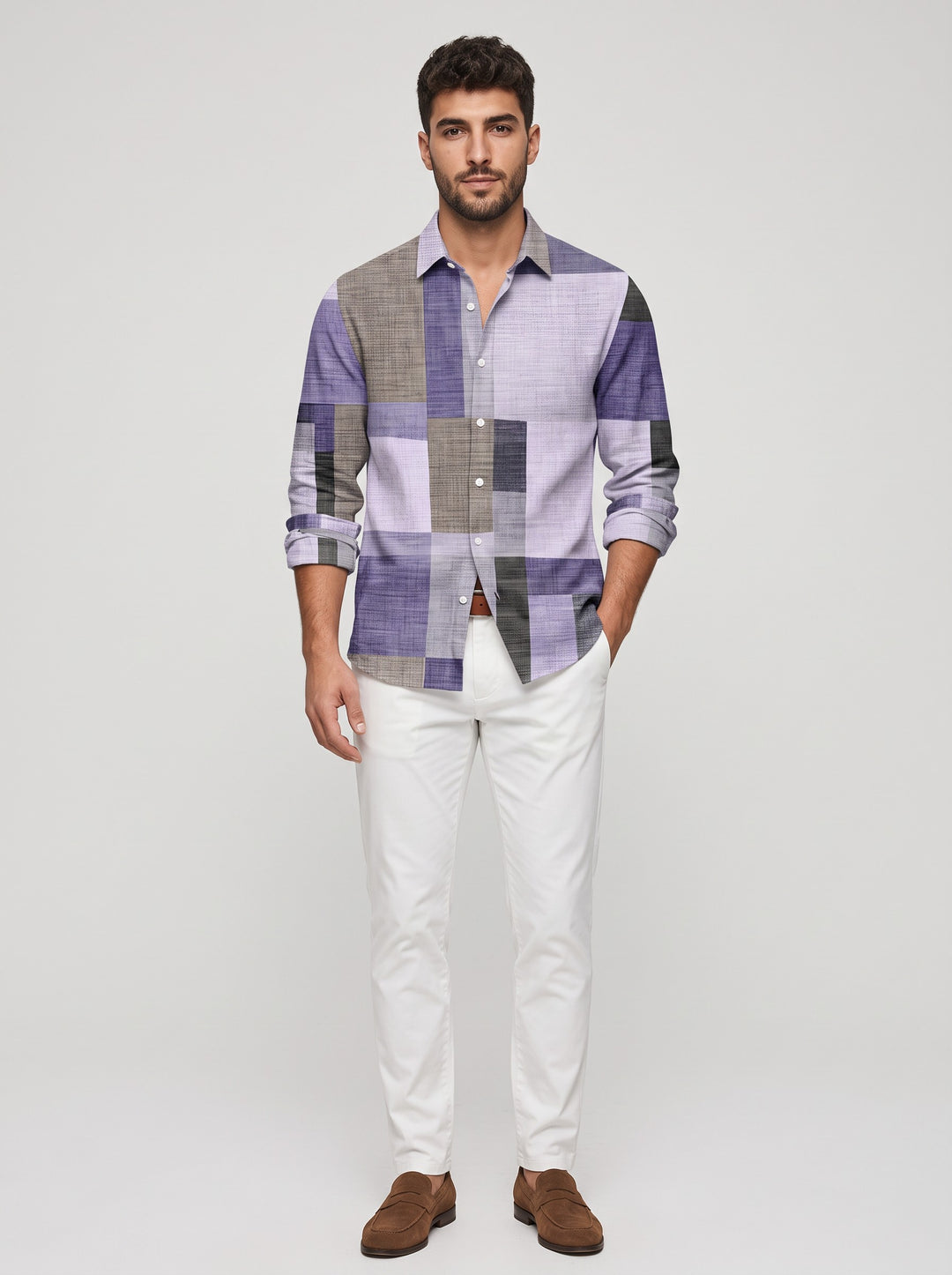 Men's Colour Block Patchwork Print Shirt in purple