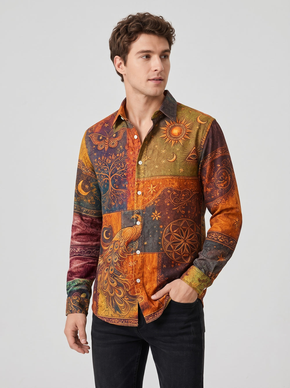 Men's Peacock Print Shirt in orange