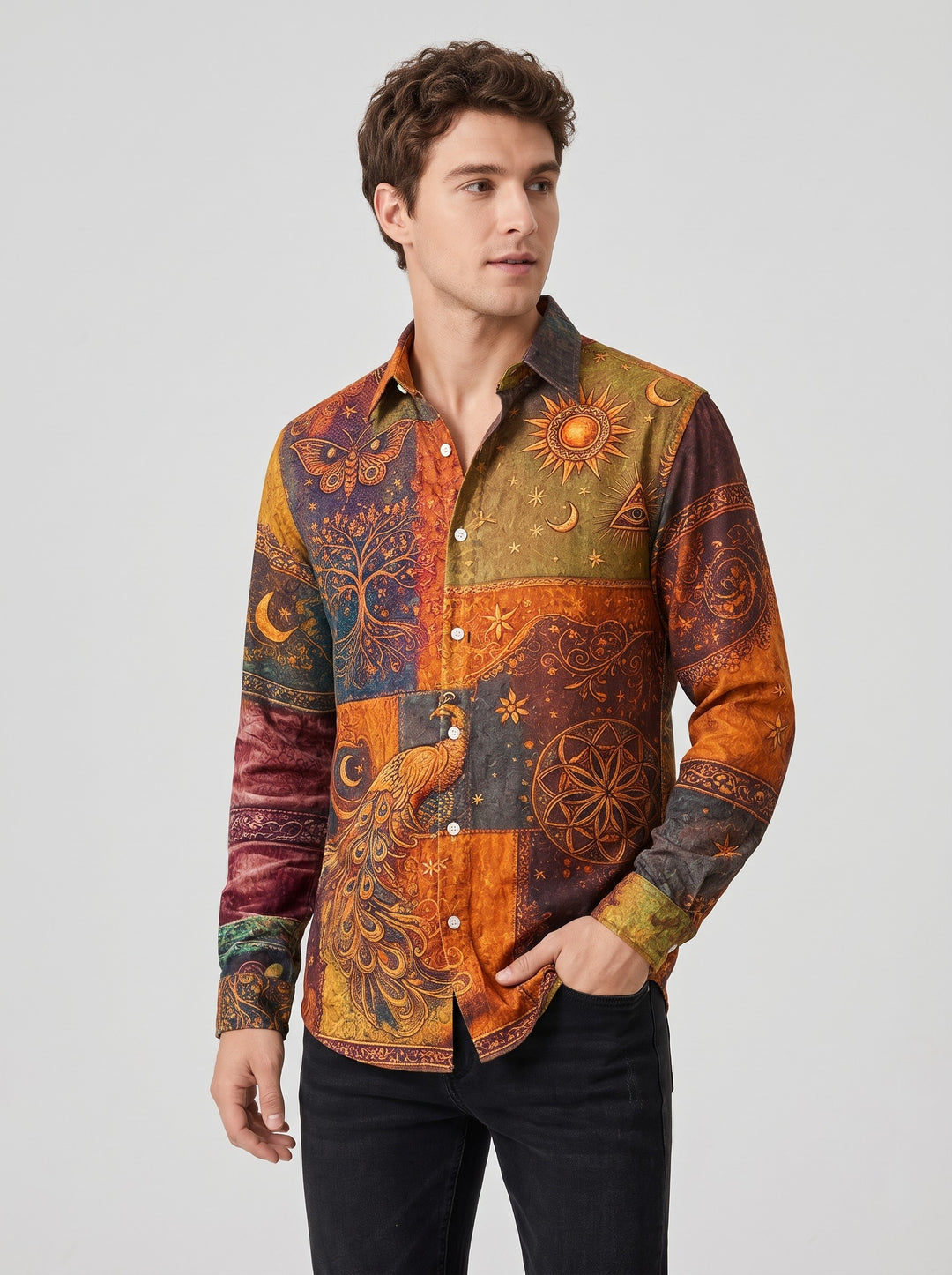 Men's Peacock Print Shirt in orange