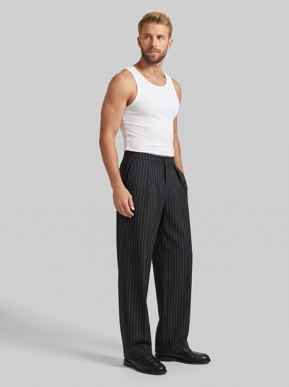 Men's Black Pinstripe Wide Leg Trousers in black pinstripe