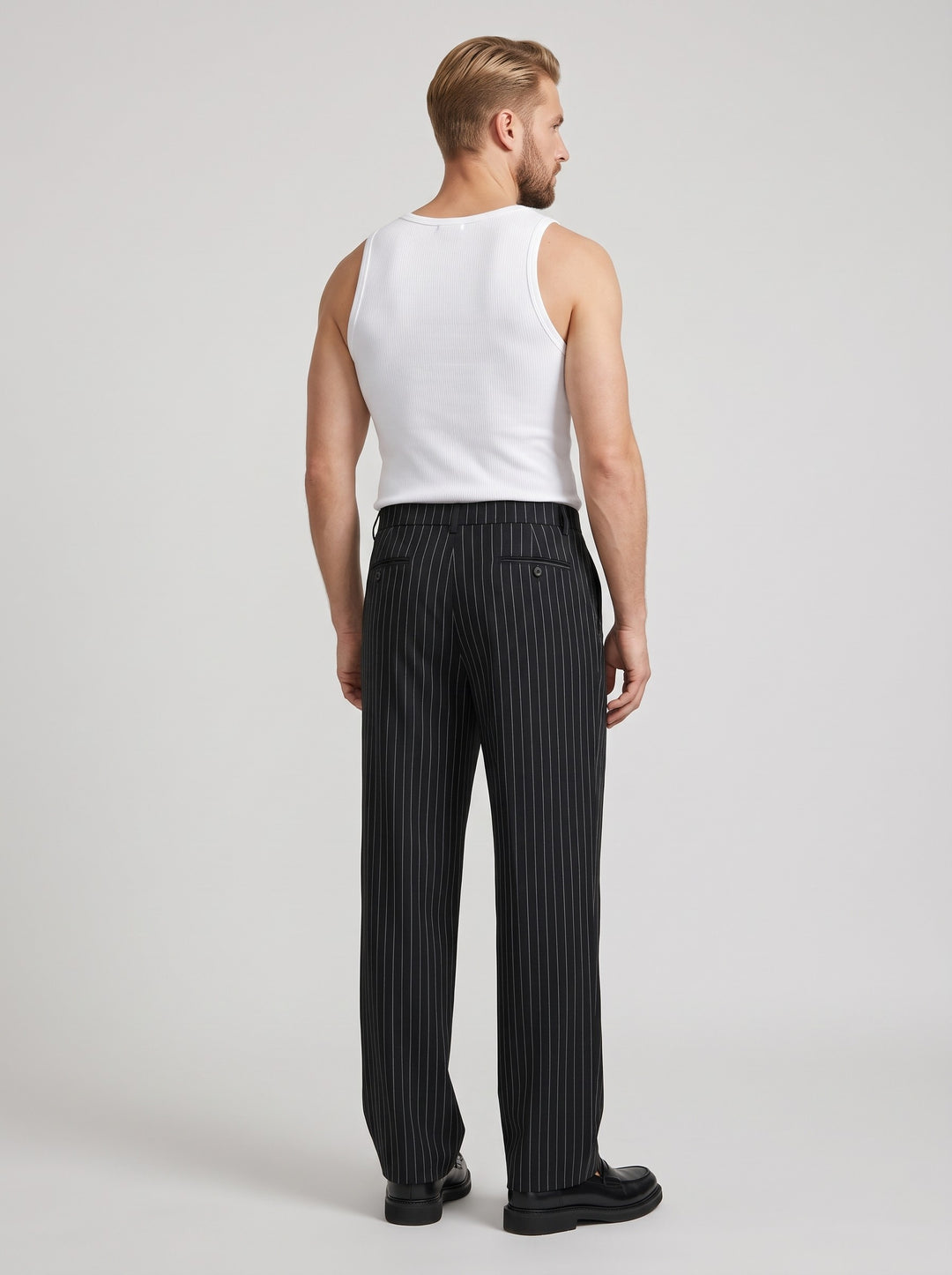 Men's Black Pinstripe Wide Leg Trousers in black pinstripe