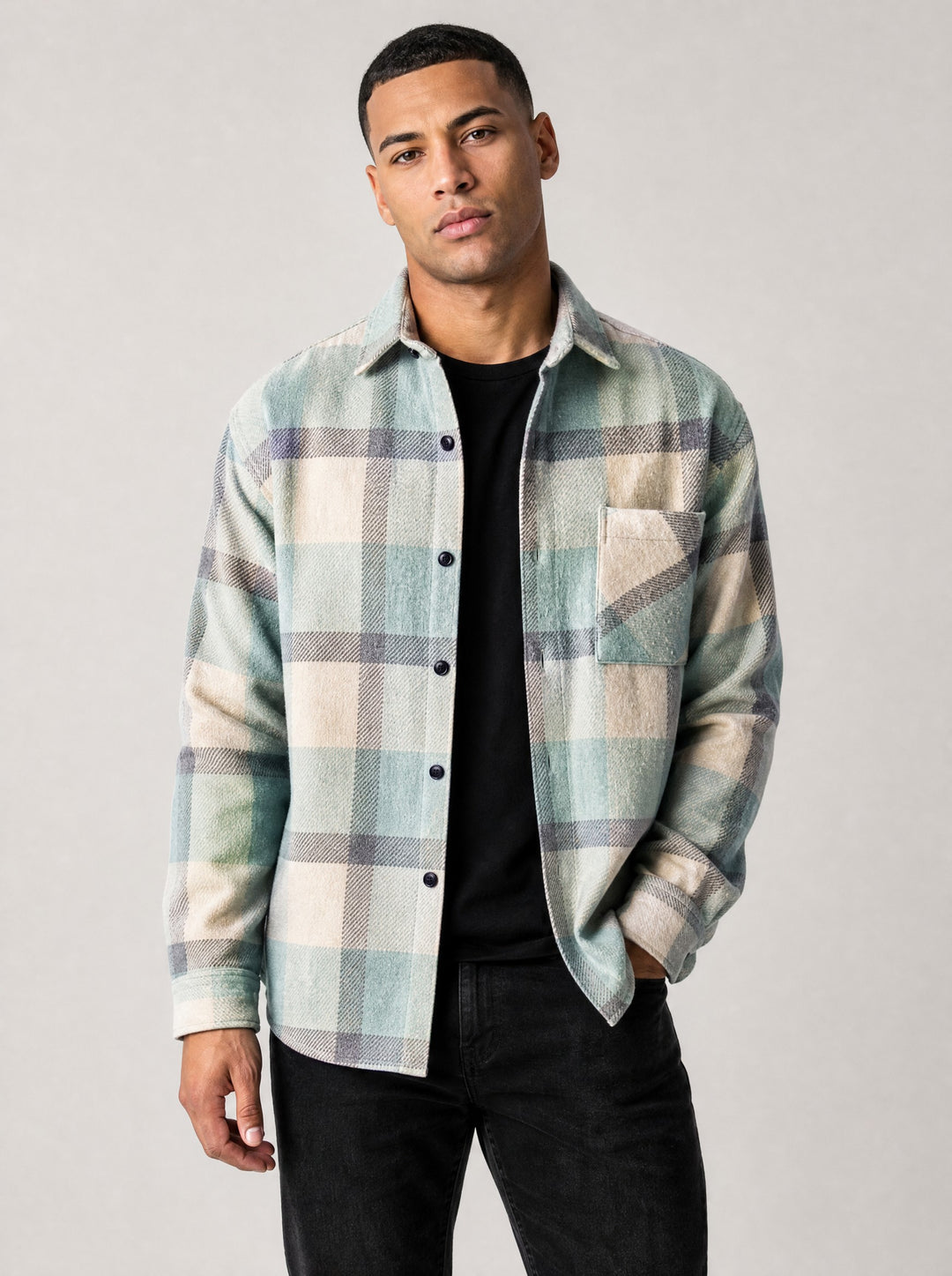 Men's Brushed Plaid Overshirt in green plaid