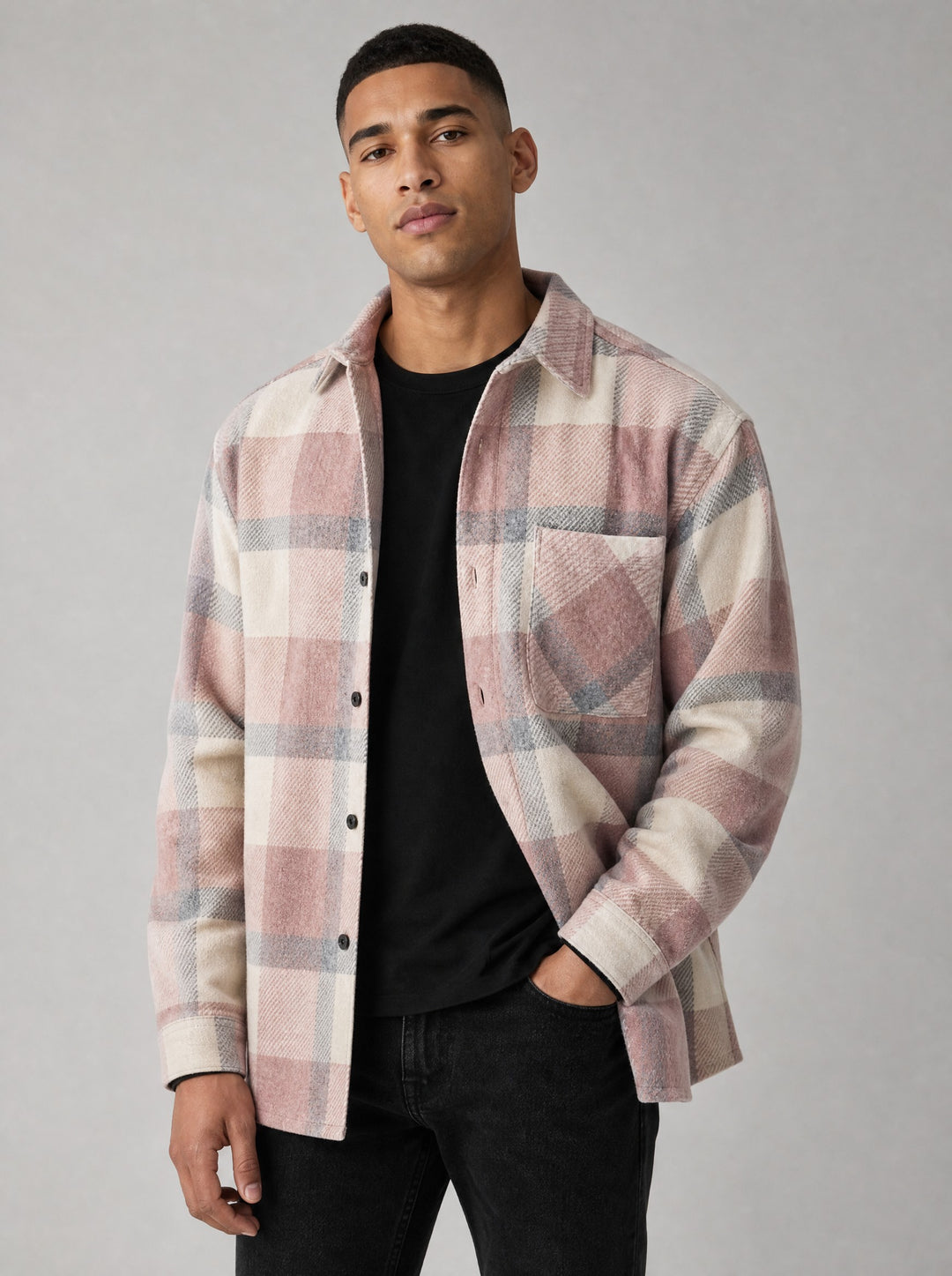 Men's Brushed Plaid Overshirt in pink plaid