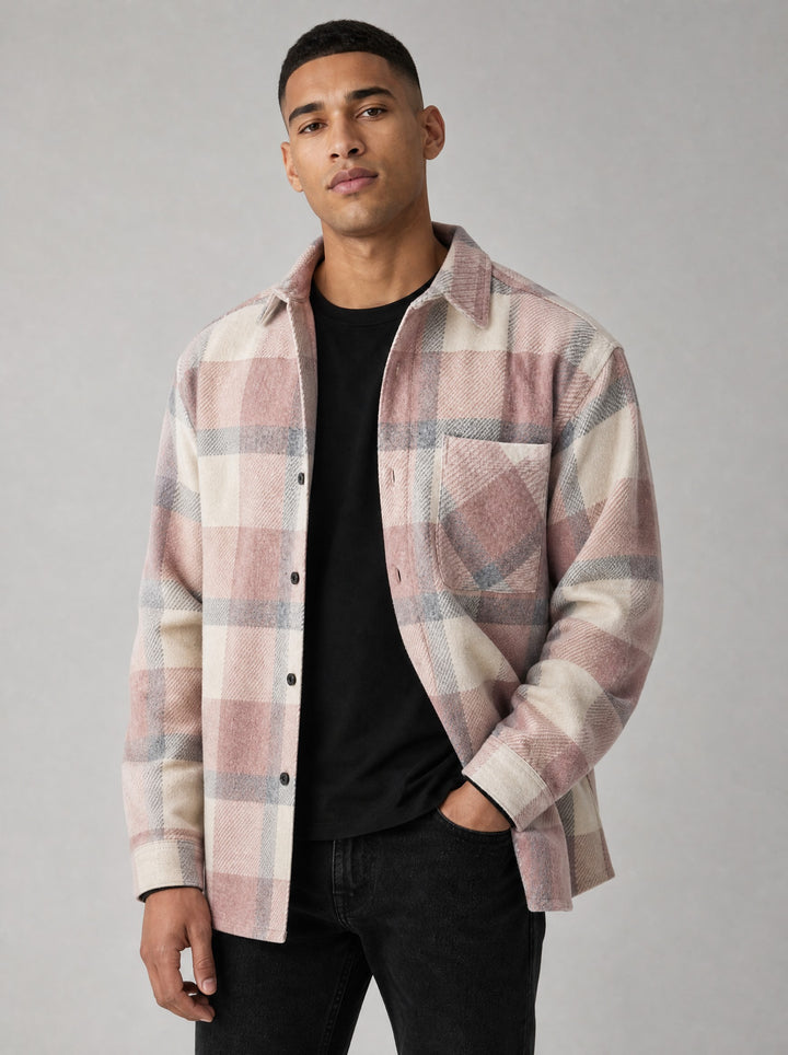 Men's Brushed Plaid Overshirt in pink plaid