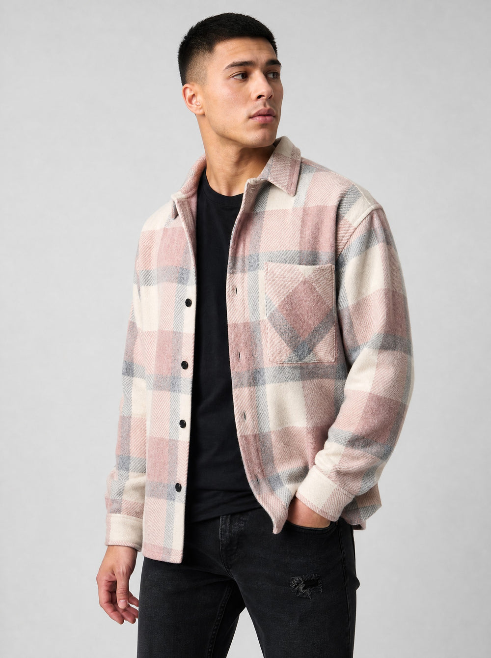 Men's Brushed Plaid Overshirt in pink plaid