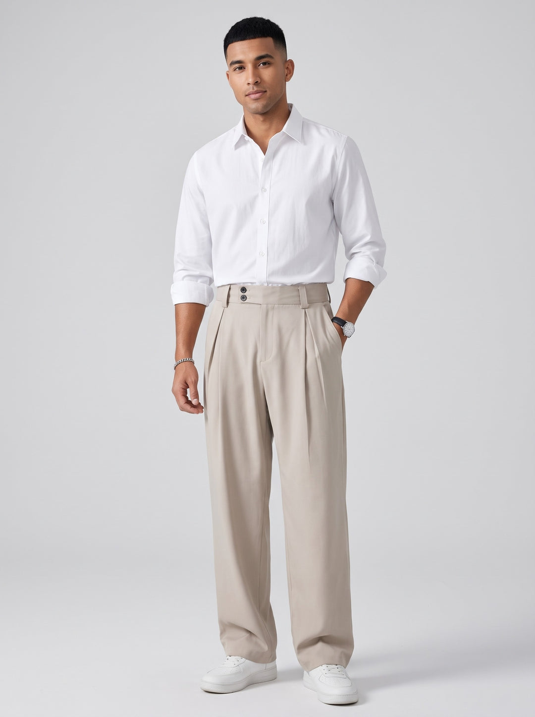 Men's Pleated Wide Leg Trousers in beige