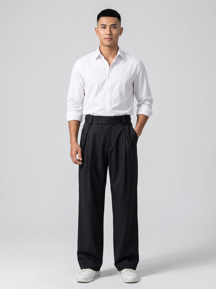 Men's Pleated Wide Leg Trousers in black
